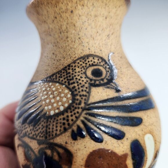 Mini Tonala Vase 4" Brush Holder Studio Pottery Hand Painted Bird Signed Mexico - Picture 10 of 11